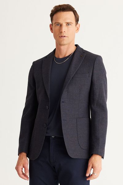 ALTINYILDIZ CLASSICS Men's Navy Blue-Brown Slim Fit Slim Fit Mono Collar Linen Blended Patterned Wool Jacket