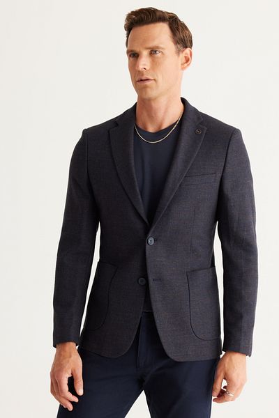 ALTINYILDIZ CLASSICS Men's Navy Blue-Brown Slim Fit Slim Fit Mono Collar Linen Blended Patterned Wool Jacket