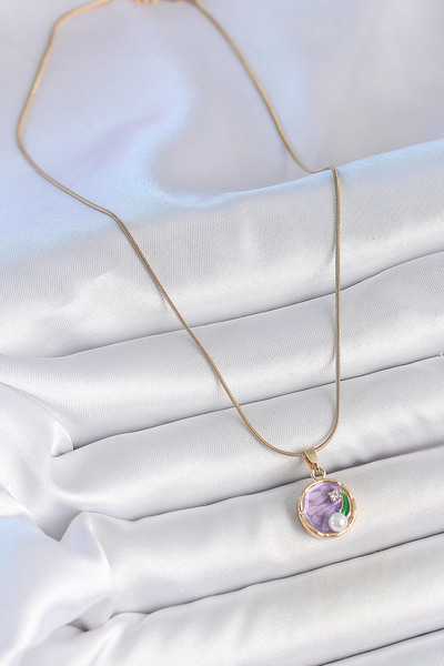 ForWhat Golden Steel Chain Purple Flower Pearl Mini Portrait Necklace with Zi...