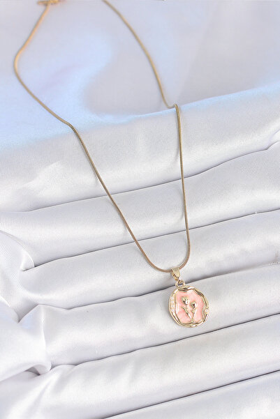 ForWhat قلادة بورتريه مطرزة بالزهور من الفضة الوردية وسلسلة من الفولاذ الذهبي...