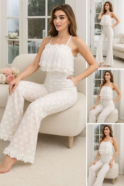 style iconic Women's Heart Mesh Jumpsuit – Romantic Sheer Lounge Wear | White, Red, Maroon, Black – Free Size