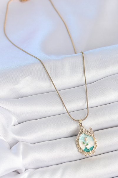 ForWhat Golden Steel Chain Blue Enamel Floral Portrait Necklace with Zircon f...