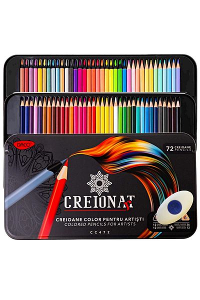 daço Set of 72 colored pencils, for children, artists or adults, metal box + FLR grip eraser