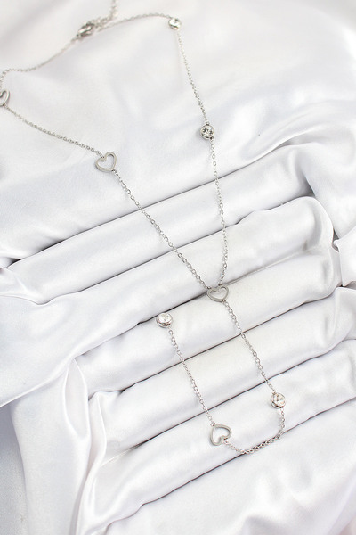 ForWhat Heart Style Y Type Necklace with Silver Steel Zircon for Elegant Woman