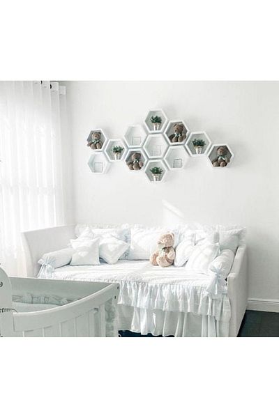 GOT WOOD Set 6 wooden wall shelves, hexagonal shape, with concealed mounting, Circus, white