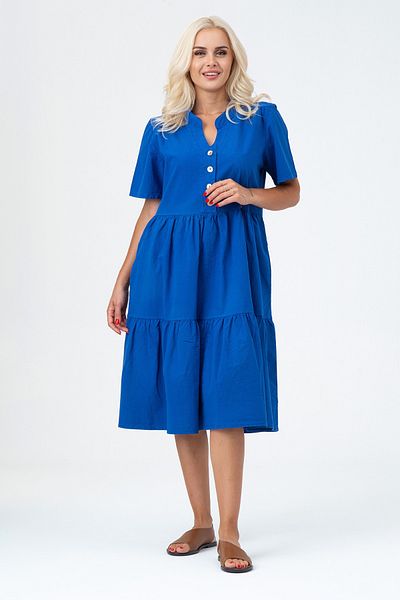 Bold & Young Women's Short Sleeve Half Placket Button Shirred Cotton Dress with Pockets