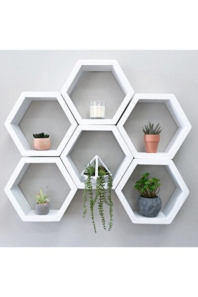 GOT WOOD Set 6 rafturi de perete din lemn, formă hexagonală, cu montare ascunsă, Circus, alb