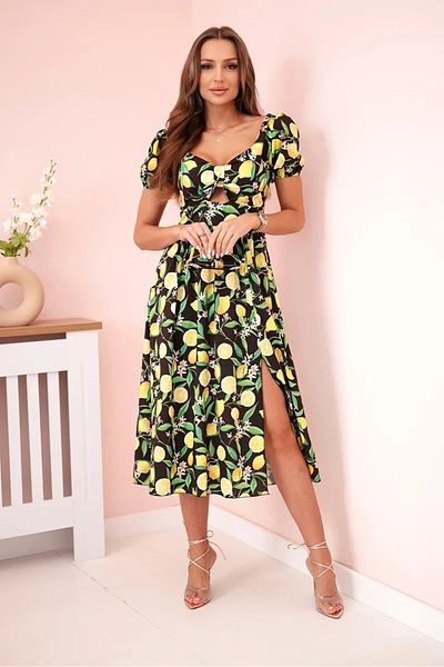 UniqueStore.ro Black midi dress with lemon print and side slit - ONE SIZE