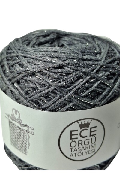Ece Örgü Tasarım Atölyesi Anthracite Color, Silver Glitter, 100% Cotton, Twisted Hand Knitting Thread (300 Gr.)