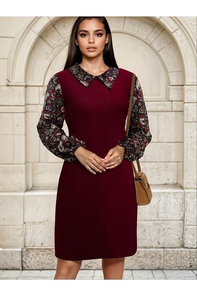 UniqueStore.ro Burgundy dress with collar and puff sleeves with Aldena print