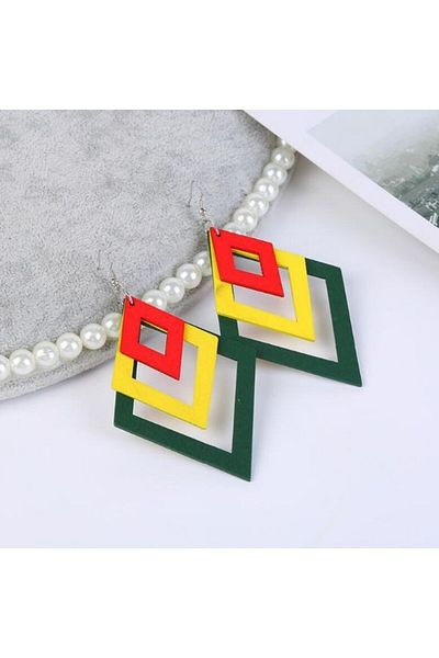 JollyMag Geometric wooden earrings, 3 rhombuses, Yellow, 11 x 6 cm