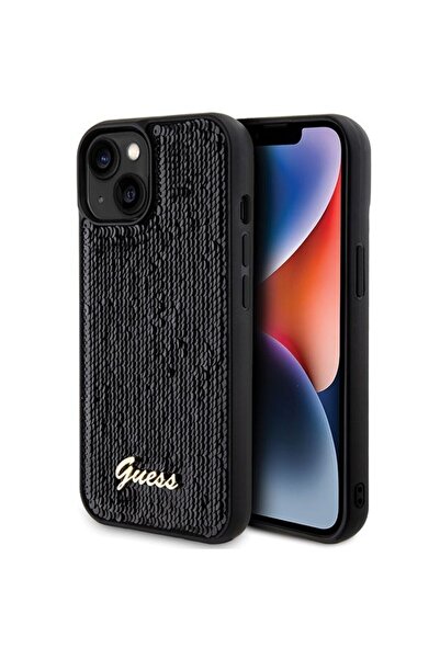 REDz Accessories Carcasă Guess pentru iPhone 13/14/15, Colecția Sequin Script Metal, Negru