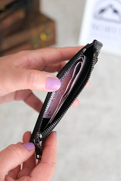 Norvi Leather Genuine Leather Zippered Card Holder Glossy Black