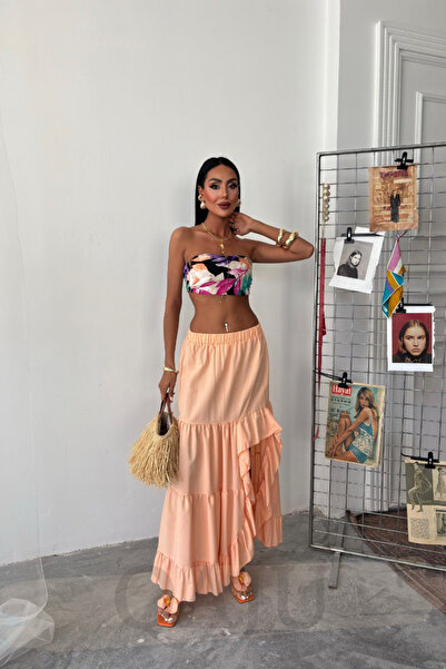 Qaju Kadın Pamuklu Asimetrik Volanlı Yırtmaç Detaylı Etek – Somon