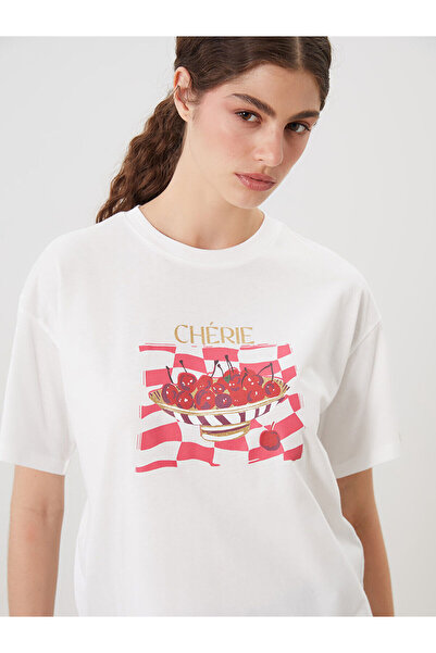 LC Waikiki Дамска тениска с щампа от череши и кръгло деколте