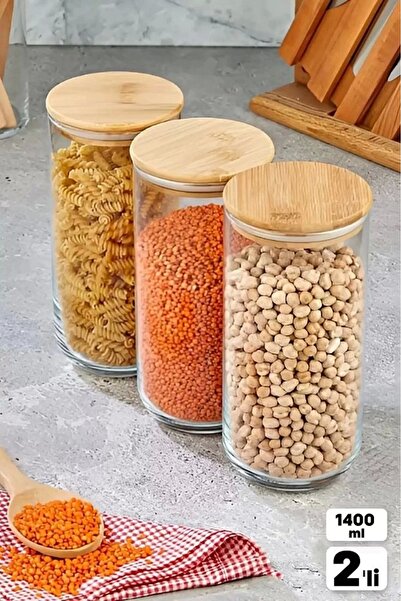 Rosemor 2 Adet Bambu Kapaklı Vakumlu Cam Kavanoz 1400ml Baharatlık Bakliyat G...
