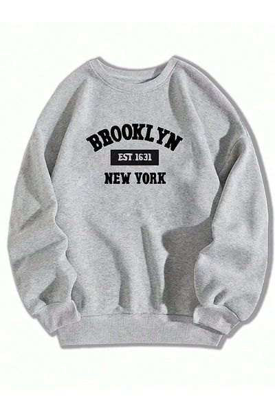 Boi Brooklyn 1631 Χοντρό χειμερινό φούτερ - Γκρι εμπριμέ Oversize Crew Neck