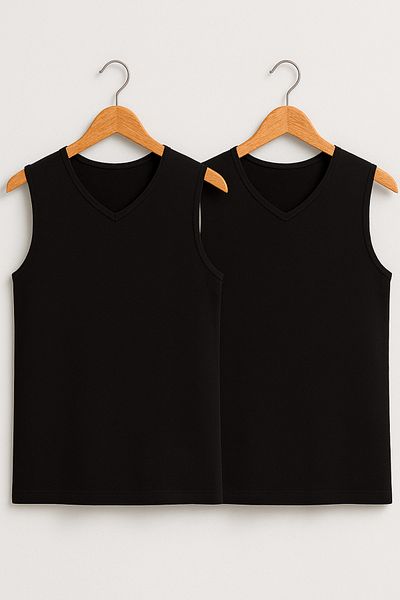 QKK Men's Lycra 100% Cotton Rib 2-Piece V-Neck Sleeveless Body Q2Ik1L1Kk9E.2Li