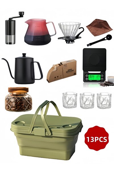 NIHAO مجموعة ماكينة تحضير القهوة V60 V60 مع سلة حمل، 13 قطعة، لون أسود، 600 مل