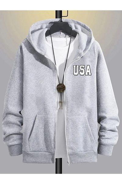 Boi USA Logo Φούτερ Ζακέτα με φερμουάρ - Γκρι στάμπα Oversize Χειμερινή κουκούλα με τσέπες