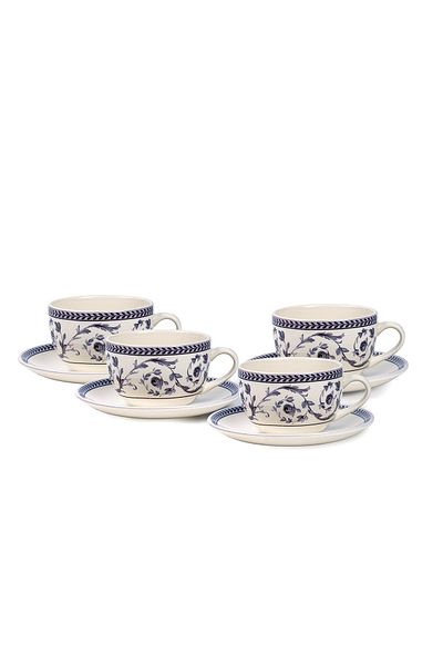 Claytan Callista 240 ml Ceramic Coffee Cup & Saucer Set (Purple & White, Set Of 4)