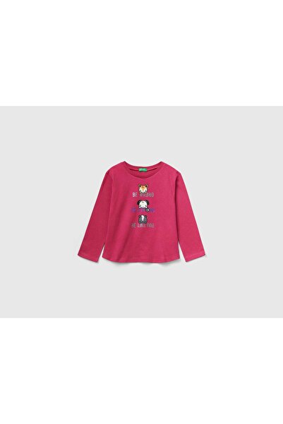 United Colors of Benetton تي شيرت قطني مطبوع بأكمام طويلة للبنات