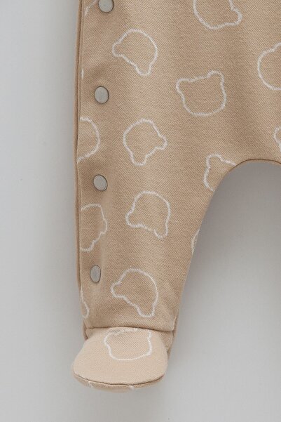 Caramell Baby Boy Romper with Teddy Bear Patterned Booties and Side Snaps (0-6 Months)