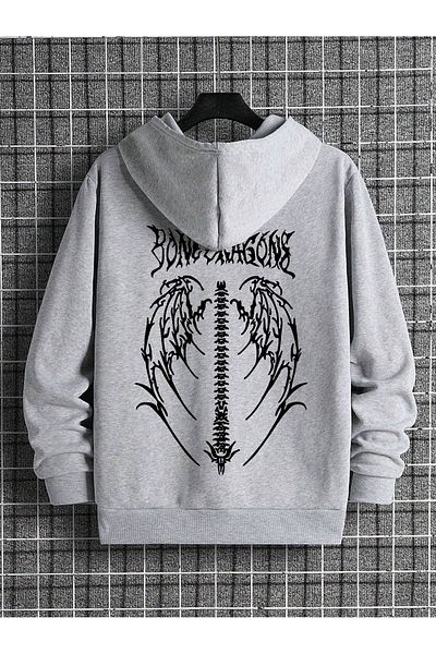 Boi Φούτερ Φούτερ με σχέδιο φτερού - Γκρι εμπριμέ χοντρή κουκούλα