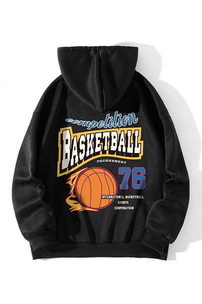Boi Φούτερ Basketball 76 - Φούτερ με μαύρη στάμπα, χοντρή κουκούλα