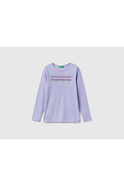 United Colors of Benetton تي شيرت بناتي بأكمام طويلة وطبعة على الصدر