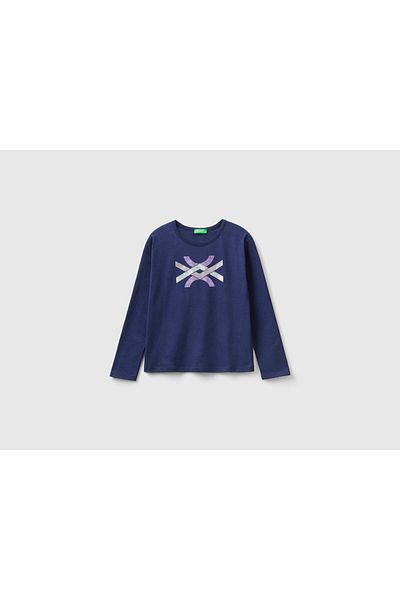 United Colors of Benetton Organic Cotton Long Sleeve Shimmer T-Shirt for Kids