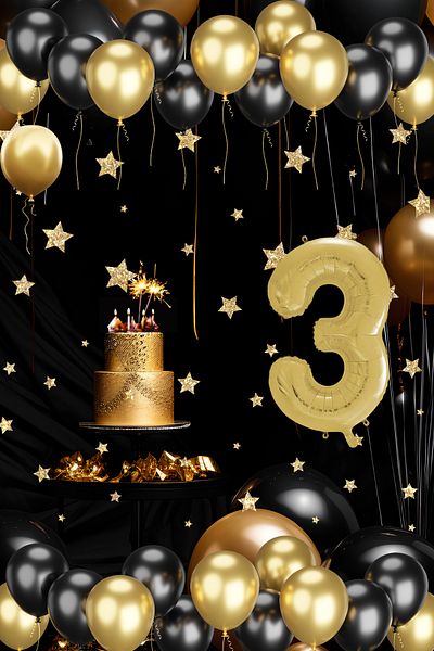 tedaks 3 Year Old Gold Black Balloon Set Gold Numbered Birthday Balloon Stylish Party Ornament