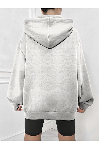 Boi USA Logo Φούτερ Ζακέτα με φερμουάρ - Γκρι στάμπα Oversize Χειμερινή κουκούλα με τσέπες