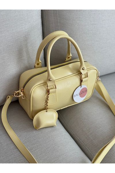 BAGLOVİS Small Yellow Women's Shoulder Bag with Small Leather Charm Details