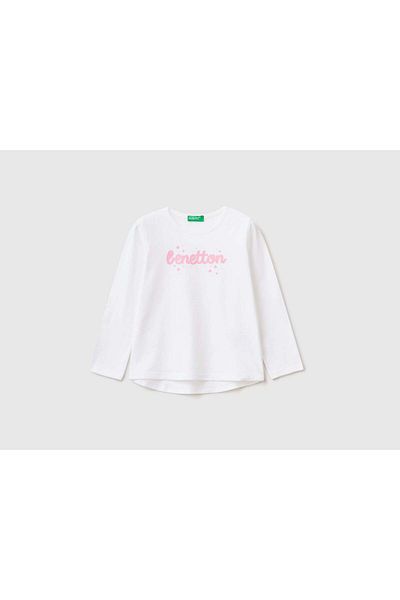 United Colors of Benetton 100% Cotton Long Sleeve T-Shirt with Logo for Girls