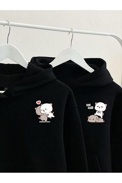 Boi Φούτερ 2 τεμαχίων Cute Cats Lover Combination - Μαύρη εμπριμέ χειμερινή κουκούλα