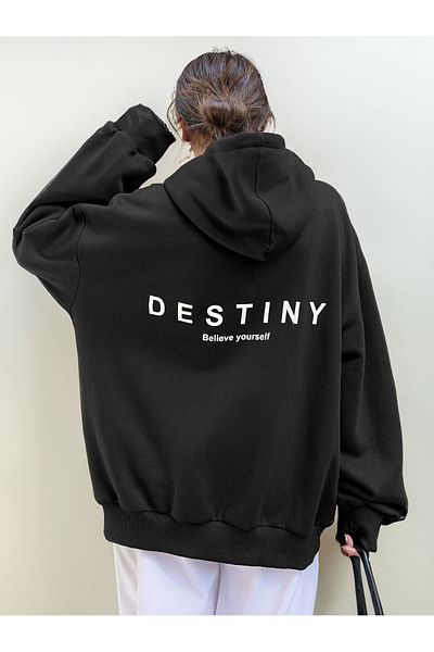 Boi Destiny Thick Winter Sweatshirt - Μαύρη εμπριμέ κουκούλα oversize
