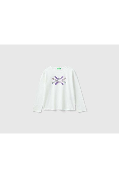 United Colors of Benetton Organic Cotton Long Sleeve Shimmer T-Shirt for Kids
