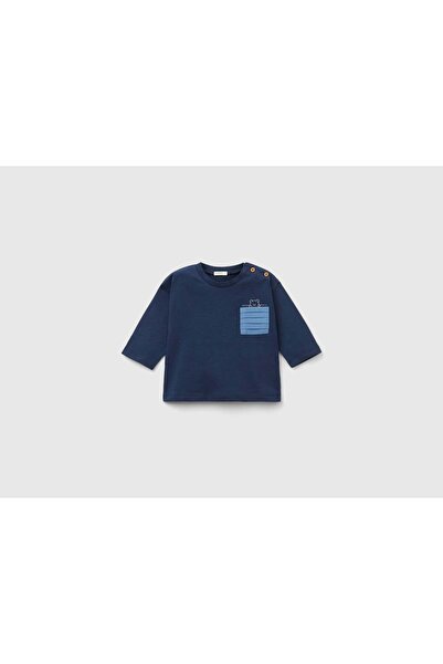 United Colors of Benetton تي شيرت أطفال بأكمام طويلة وجيب مطوي