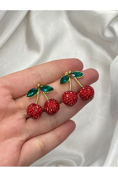 GLOWVİA AKSESUAR Women's Cherry Earrings with Stones