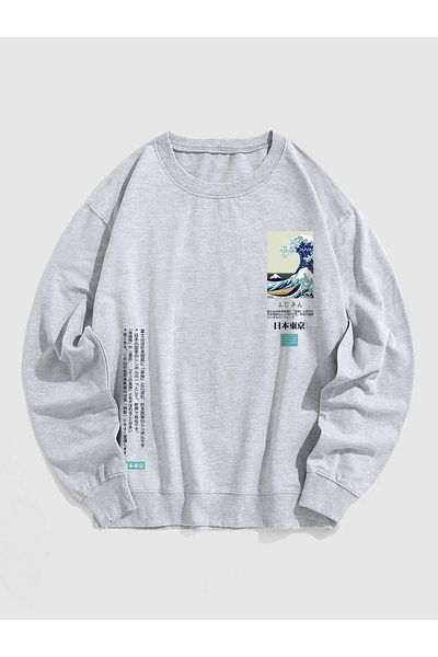Boi Зимен суитшърт Japan Wave - сив с щампа, голям размер, дебел, кръгъл деколте