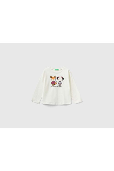 United Colors of Benetton تي شيرت قطني مطبوع بأكمام طويلة للبنات
