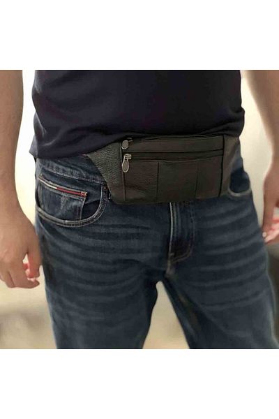 Micutz Men's Waist Bag Made of Genuine Leather, Waterproof, 30 x 11.5 x 2.3 cm, Black Color