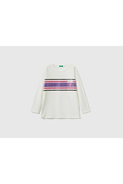 United Colors of Benetton تي شيرت أطفال بأكمام طويلة وطبعة لامعة