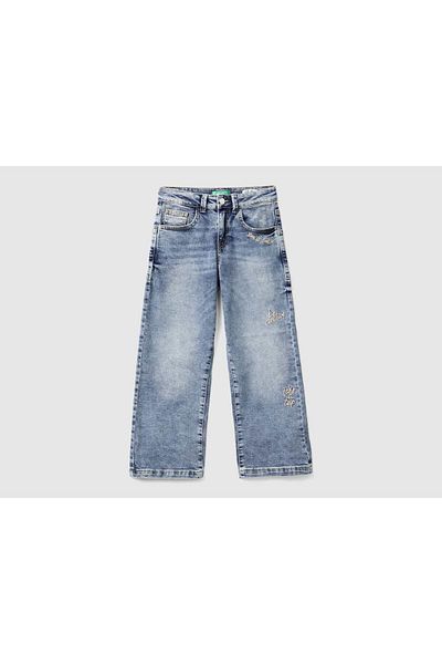 United Colors of Benetton Girls' Embroidered Wide-Leg Long Jeans with Five Pockets