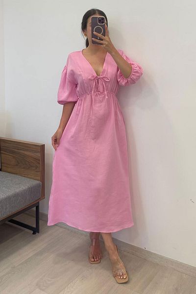 Nazline Women's Collar Piping Tie V-Neck Elastic Waist Sleeve Mouth Elastic Balloon Sleeve Long Dress