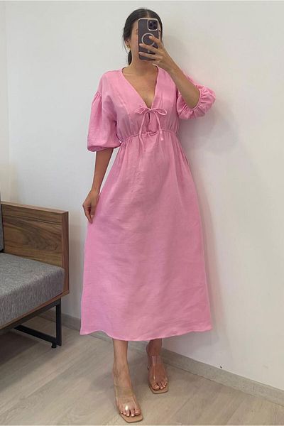 Nazline Women's Collar Piping Tie V-Neck Elastic Waist Sleeve Mouth Elastic Balloon Sleeve Long Dress