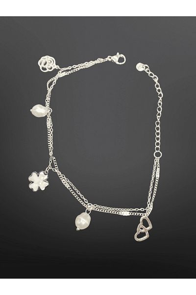 FM Silver Color Pearl Detailed Heart and Clover Figured 316L Steel Bracelet |   Stylish Design for Special Occasions