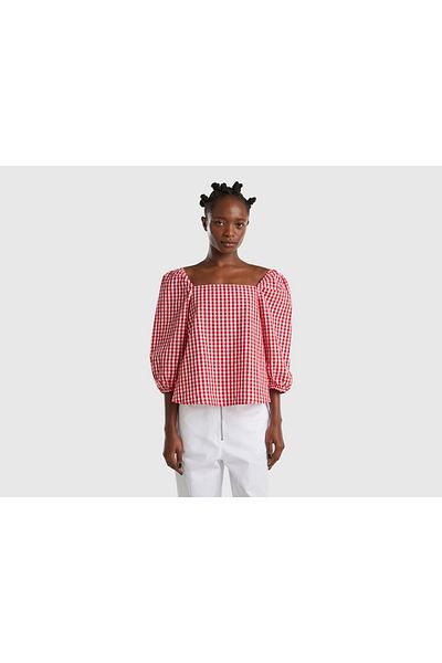 United Colors of Benetton Women's Vichy Check Linen Blouse with Puff Sleeves