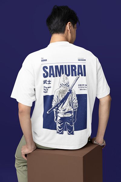 MAGORS Samurai Printed Unisex Oversize Cut 100% Cotton Soft Textured Crew Neck White T-Shirt